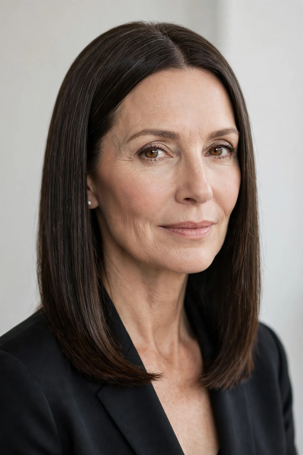 Elegant older woman with sleek straight shoulder style, polished refined hair, elegant light.