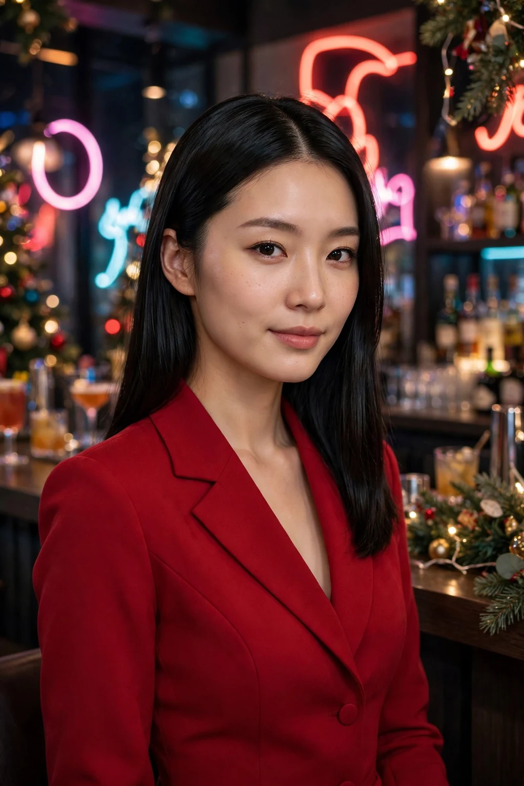 Young woman with sleek straight hair and a center part, wearing a scarlet red dress.