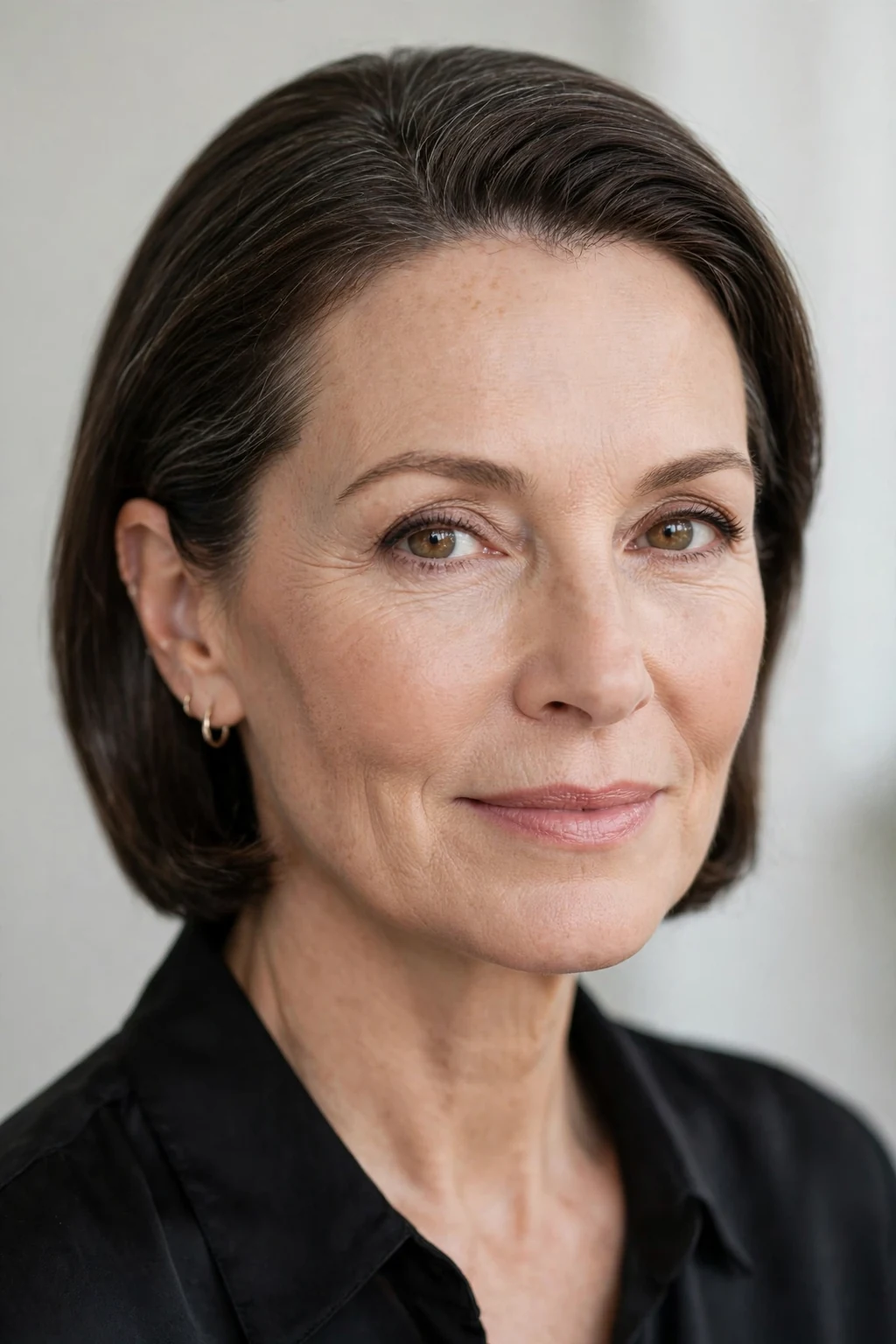 Elegant woman over 50 with sleek tucked medium style, polished tucked-behind-ears look, refined light.