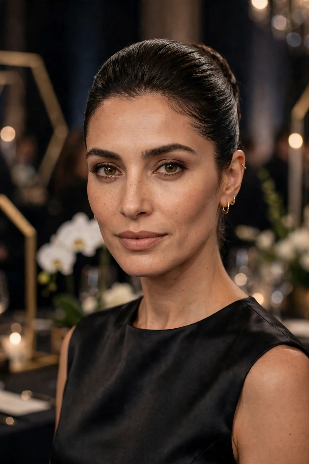 Beautiful woman with sleek updo, polished sleek updo, modern light.