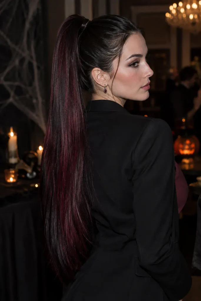 young woman with long jet-black hair in a sleek high ponytail with subtle burgundy tones, photographed from the side-rear at a Halloween party.