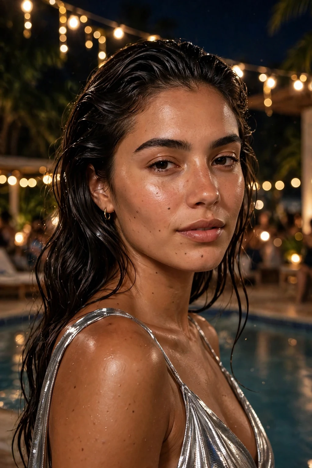 Young Brazilian woman with sleek wet-look waves wearing a silver metallic dress at a poolside night party.