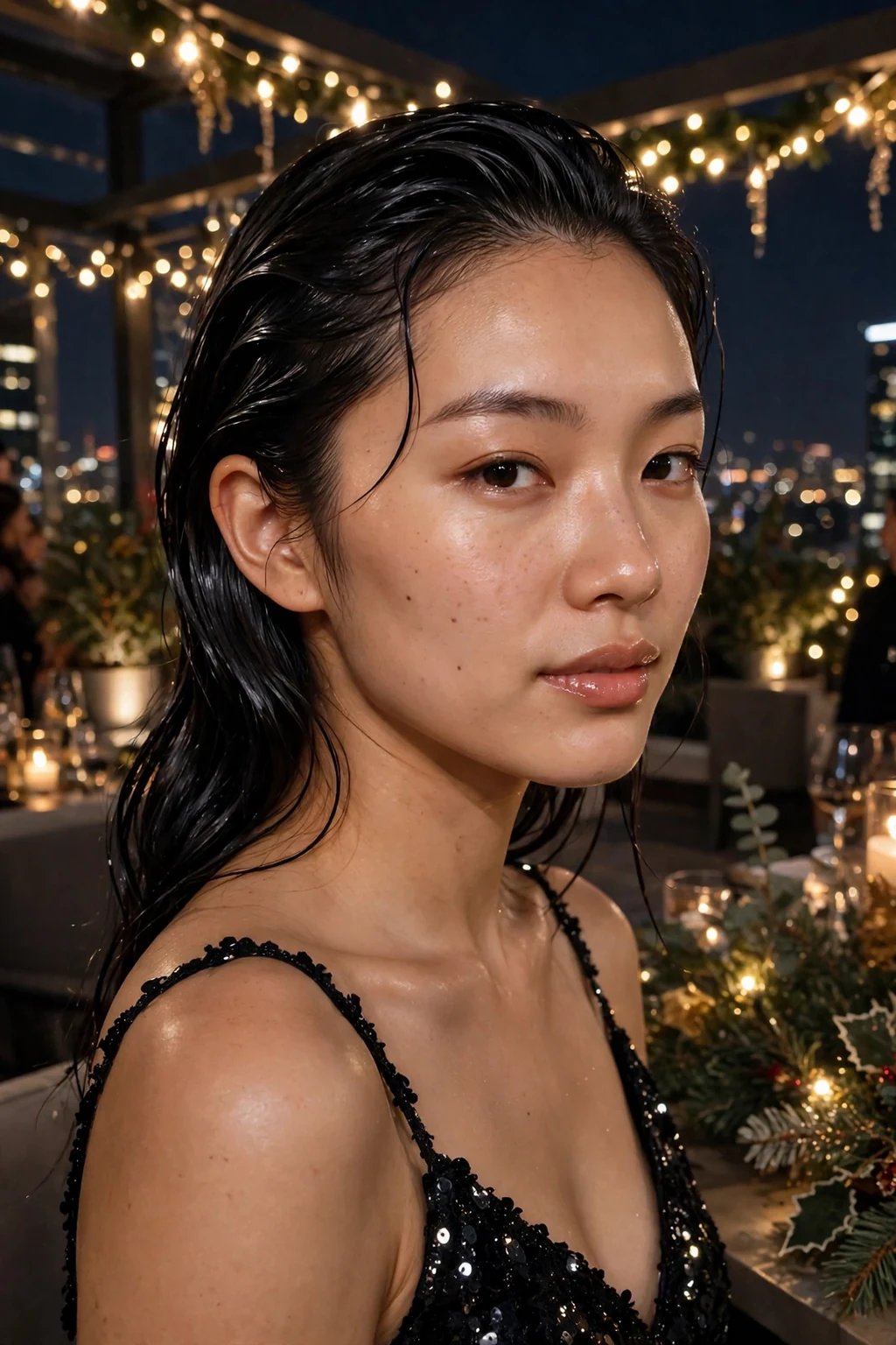 A young woman with sleek wet-look waves at a glamorous party, wearing a black sequin dress.