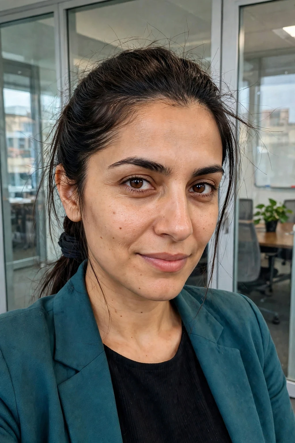 Young professional woman with a sleek wrapped ponytail hairstyle, wearing professional attire in an office setting.