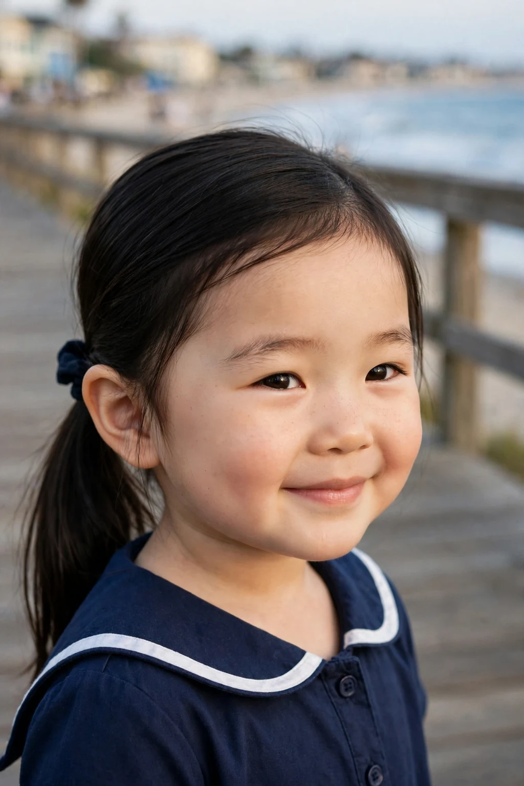 A toddler girl with sleek low ponytail hairstyle, wearing navy dress with sailor collar, in seaside boardwalk.