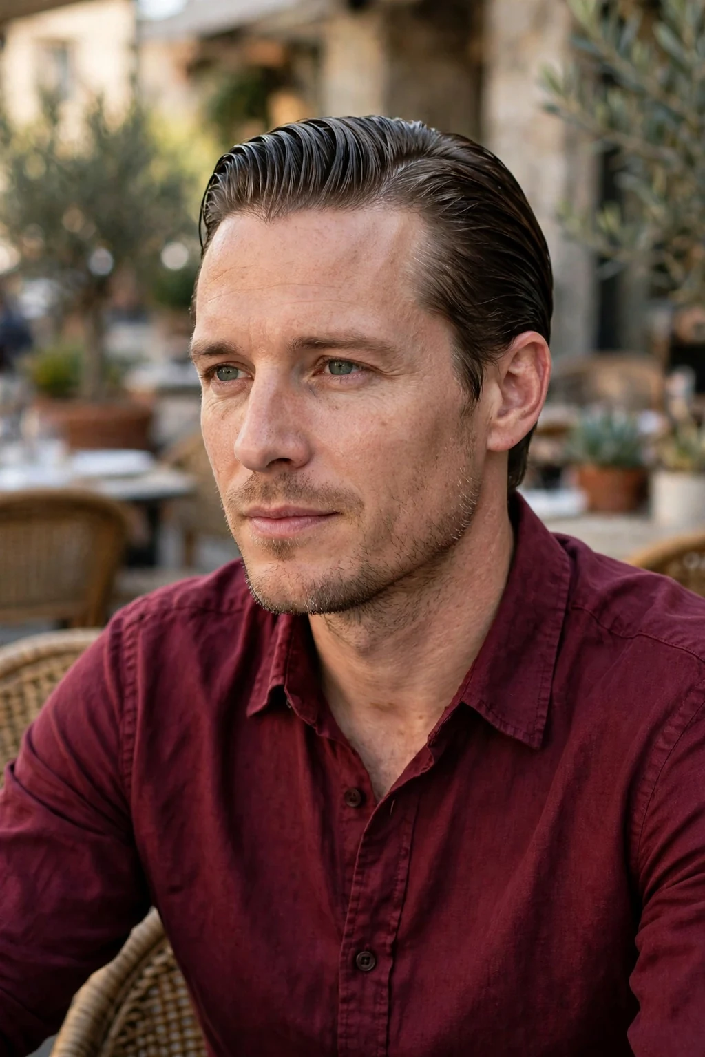 Man in his late 30s with a slick back haircut, wearing a burgundy shirt at a restaurant terrace.
