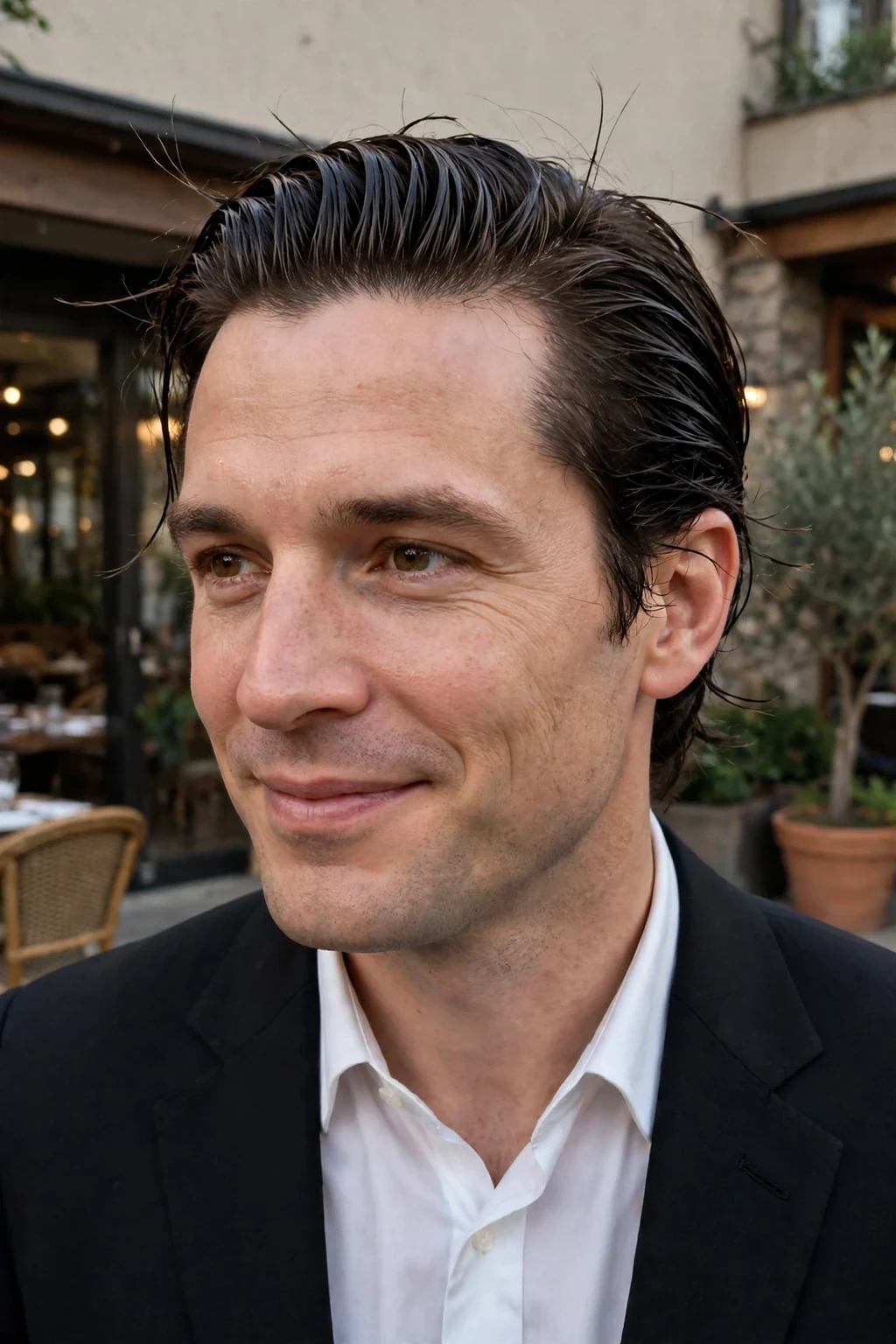 Man with a slick wet-look style for thick hair, standing outside an evening restaurant in a black suit.
