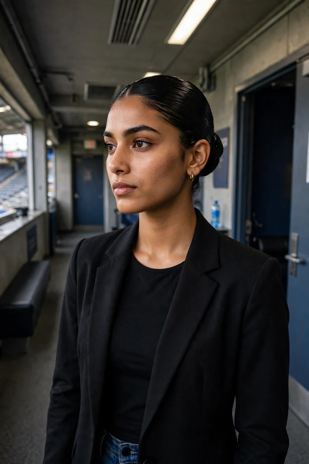 Young woman in a press box style blazer at a game with a slicked back bun.