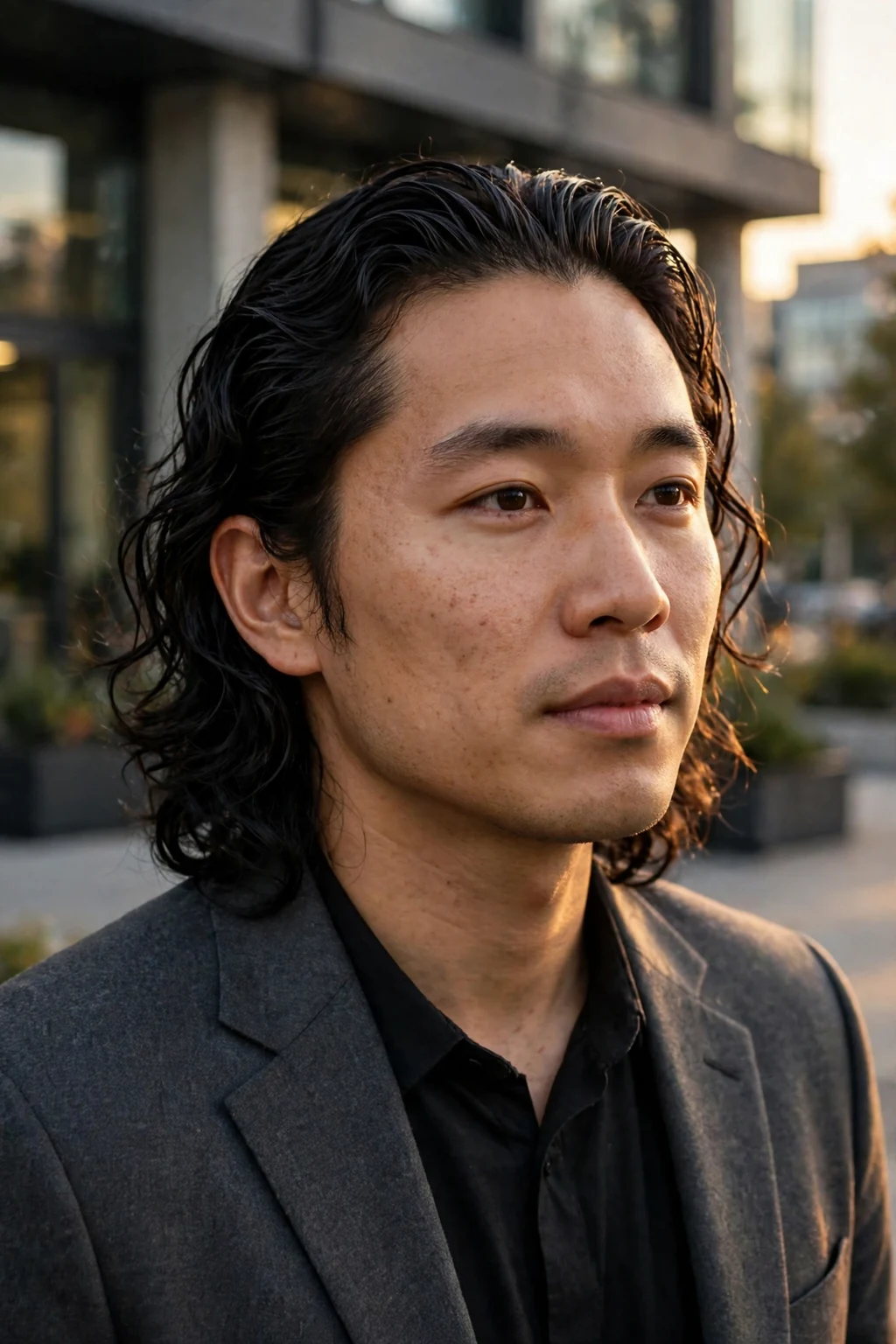 A man with slicked-back curls, his waves combed back smoothly with a glossy controlled finish.
