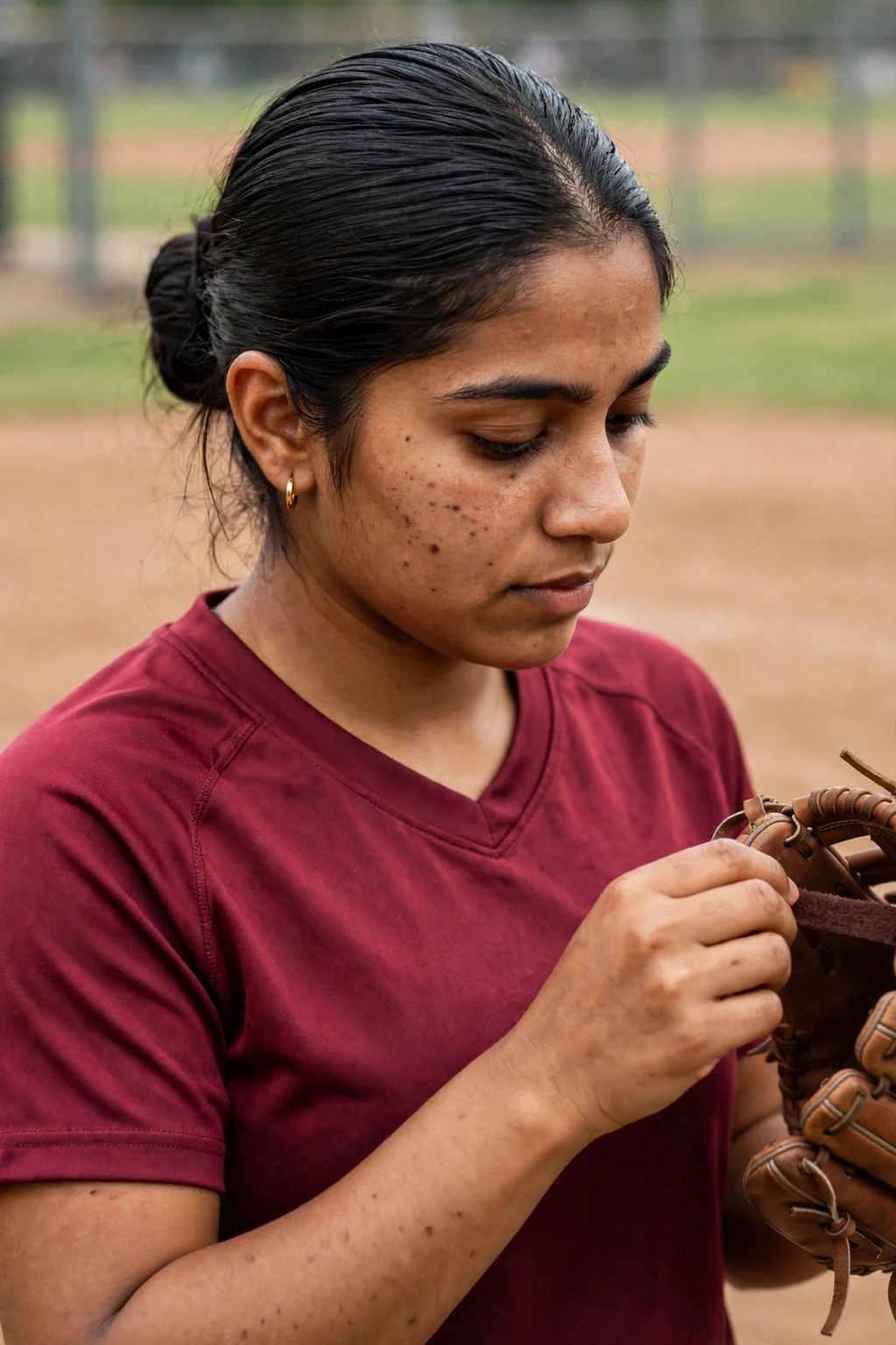 Young softball player with a slicked-back low bun, adjusting her glove.