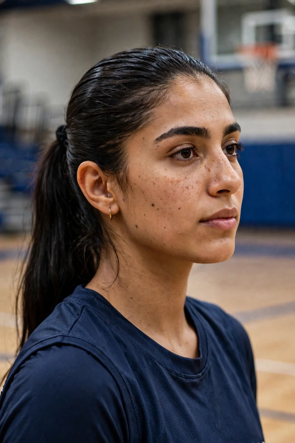 Young woman athlete with a slicked-back low ponytail, wearing a navy jersey.