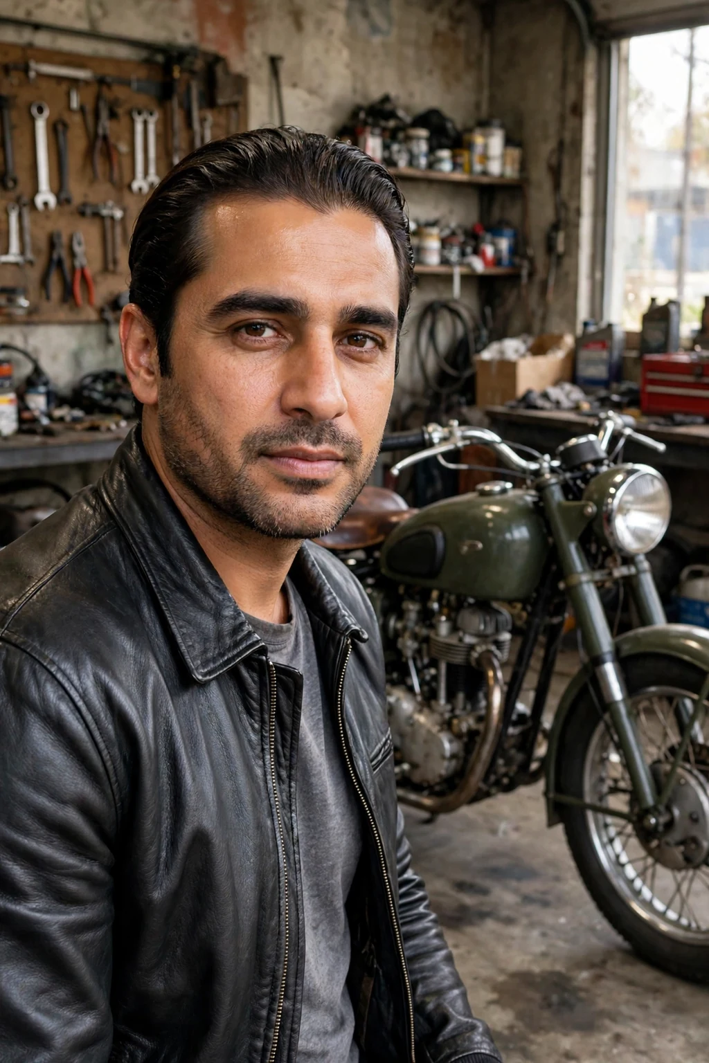 Man with a slicked-back medium haircut, smooth swept-back hair with a polished finish.