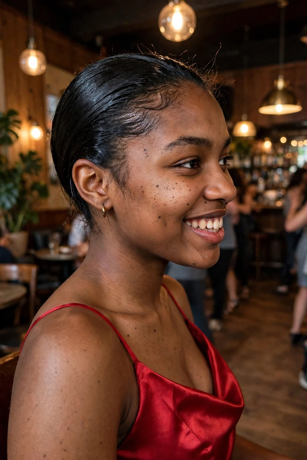Young woman aged 18 to 20 with slicked-back short crop hairstyle for prom, a jazz lounge with warm lamps and a dance floor.