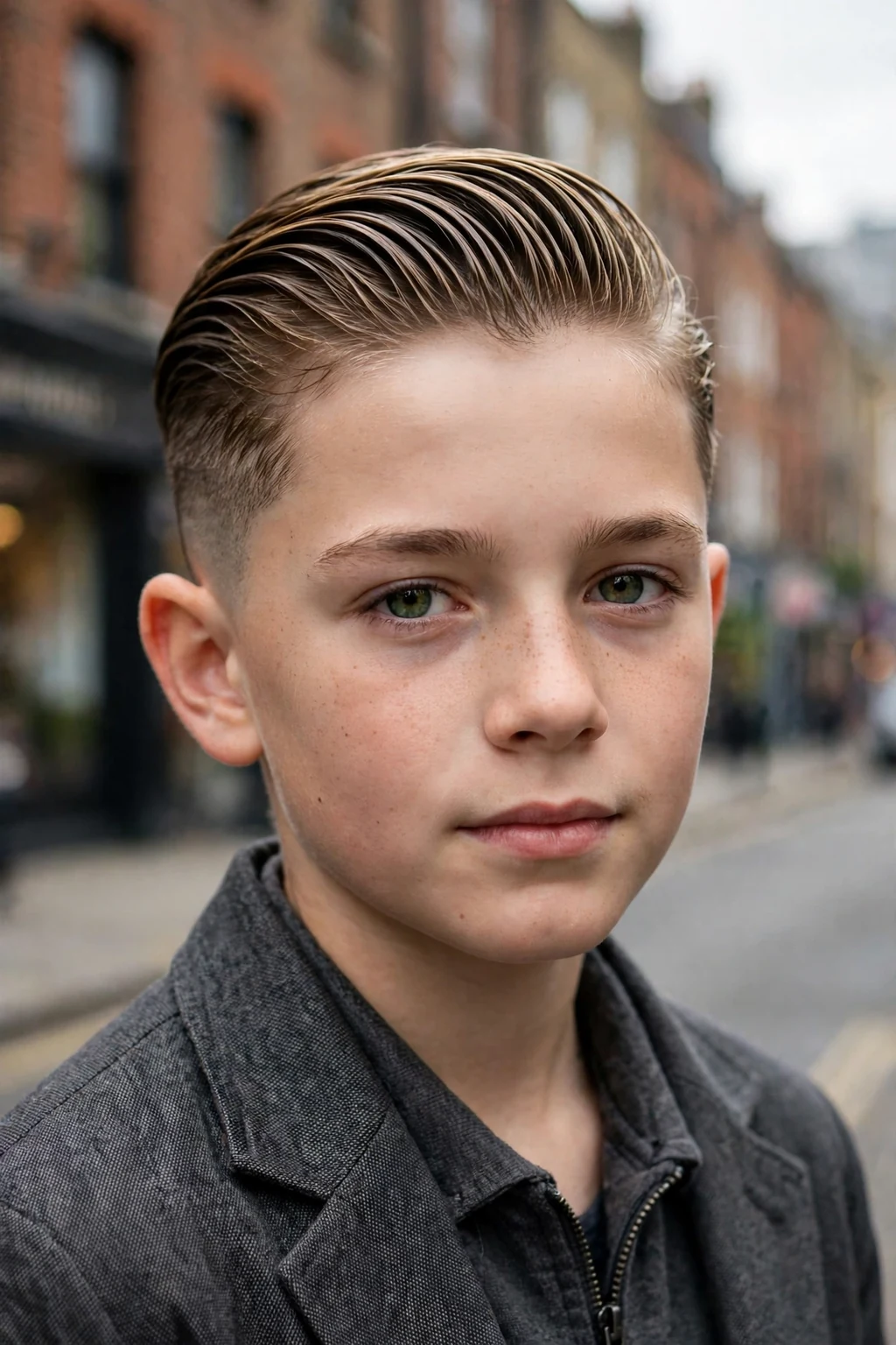 An older boy with a slicked back undercut haircut, long top swept back over short undercut sides, on a city street wearing a charcoal jacket.