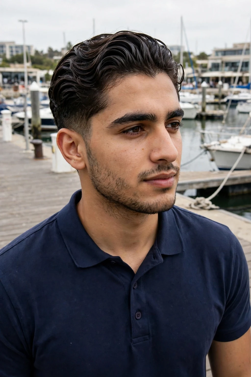 Young man with slicked back waves for thick hair, wearing a navy polo shirt near a marina.