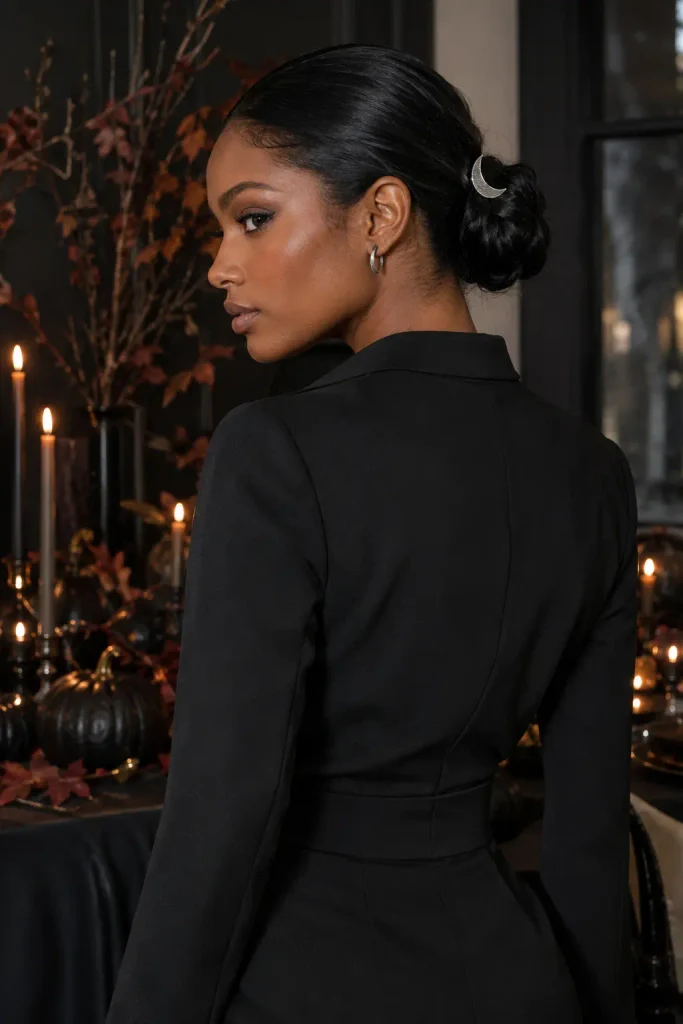 Young Black woman with deep brown skin and a sleek low bun accented by a silver crescent clip, wearing a black tailored jumpsuit at a sophisticated Halloween event with dark autumn decorations and candlelit lighting.
