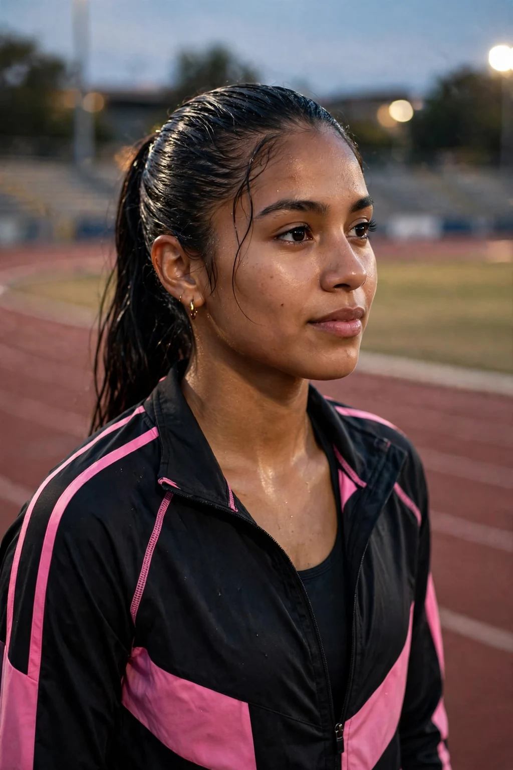 A young woman athlete with a slicked-back wet look ponytail on a track.
