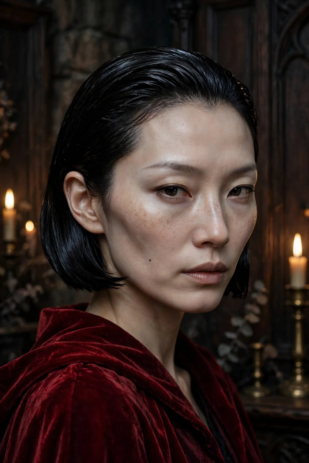 Young woman with a slicked-back glossy black bob styled like a vampire, wearing a deep red cape-style coat in a candlelit room.