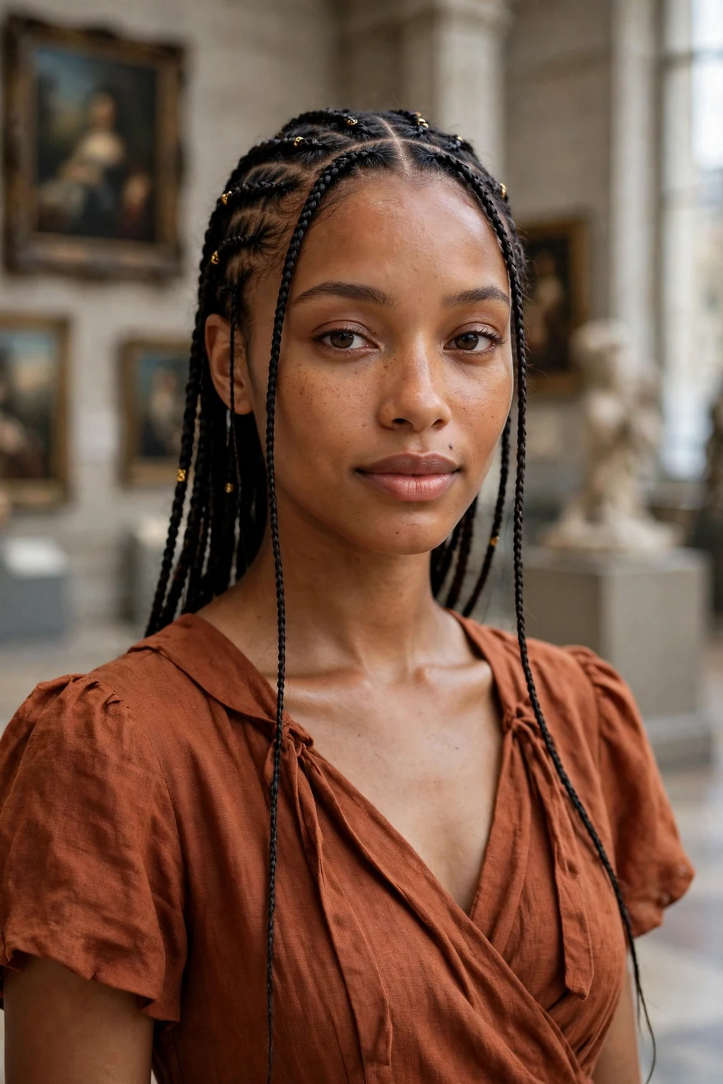Young Black woman with small cornrows in a museum, wearing a rust-colored dress.
