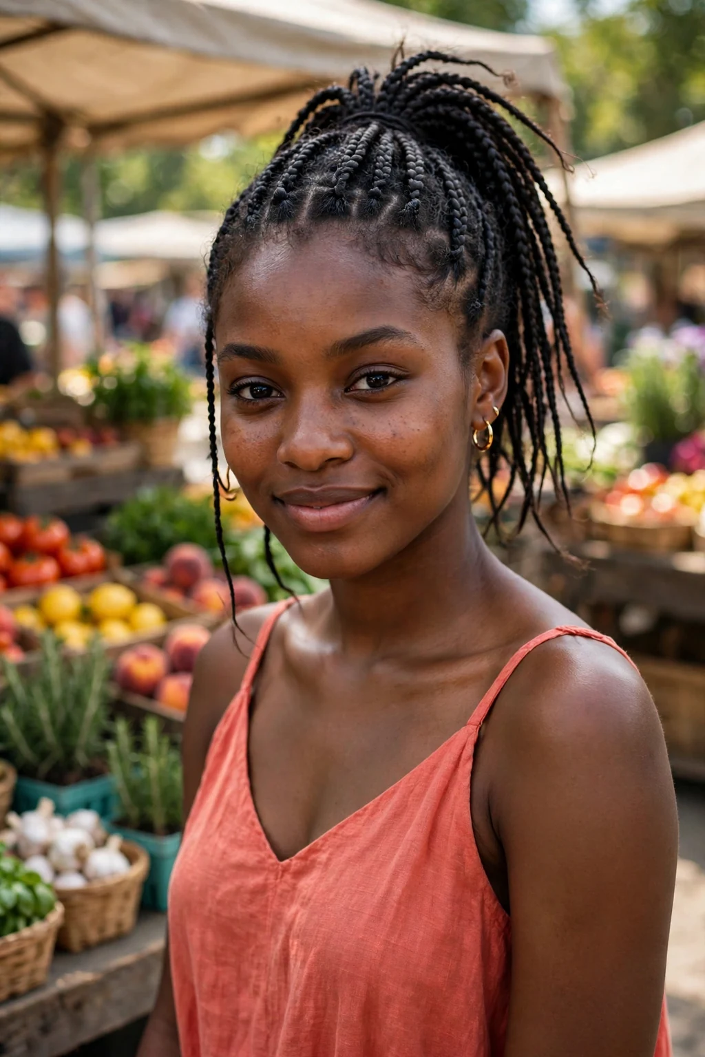 Young woman with small knotless box braids styled in a high ponytail, at a farmers market wearing a coral dress.