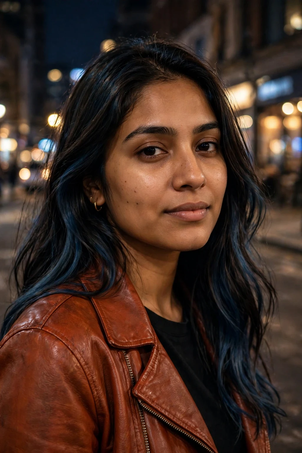 Young South Asian woman in her late 20s with long dark hair revealing smoky-blue peekaboo panels, wearing a rust-colored leather jacket on a city street at night.