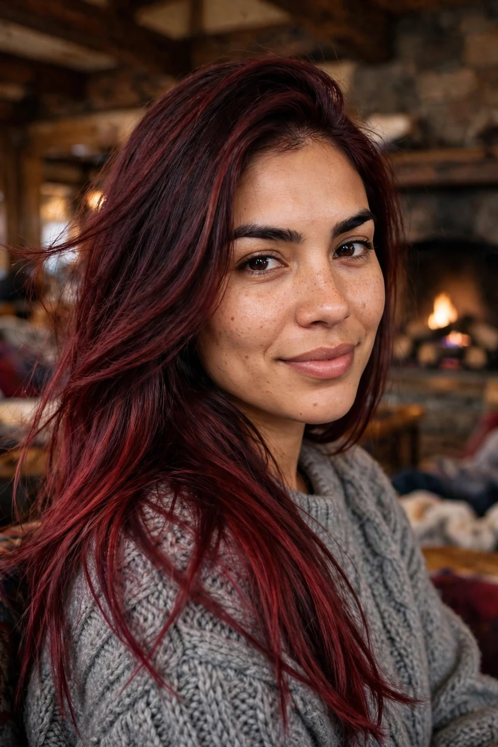 Young Latina woman in her late 20s with a smoky burgundy root shadow melting into lighter wine ends, in a ski lodge wearing a chunky gray wool sweater.
