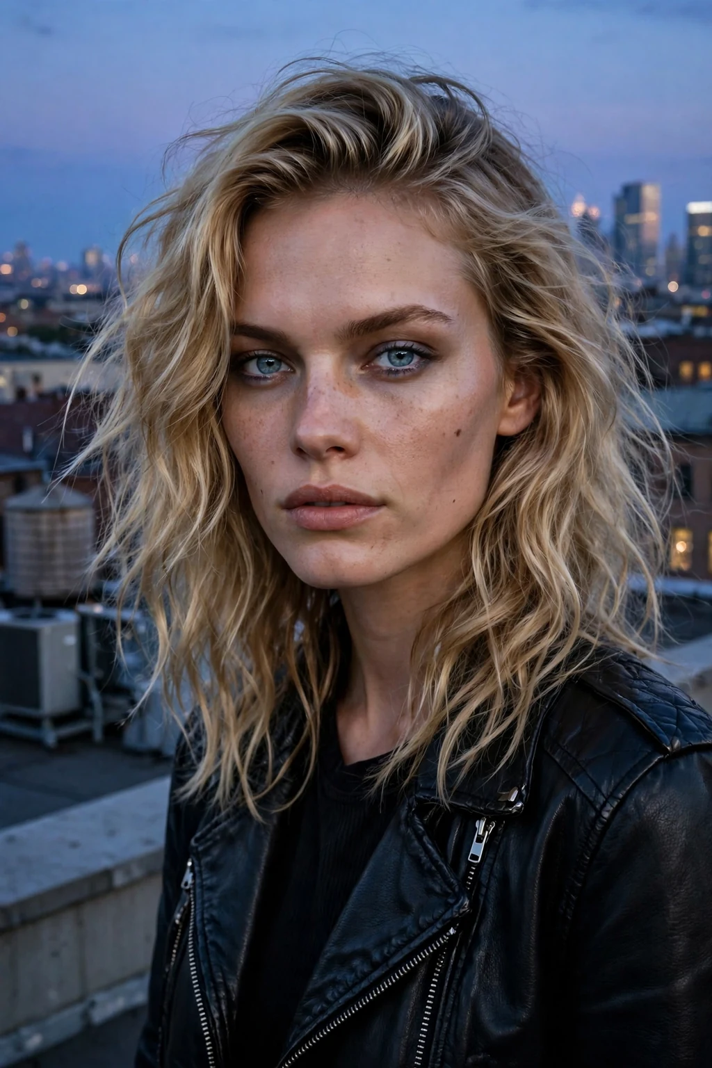 Young woman with smoky golden blonde hair in loose waves, wearing a black leather jacket on a rooftop.