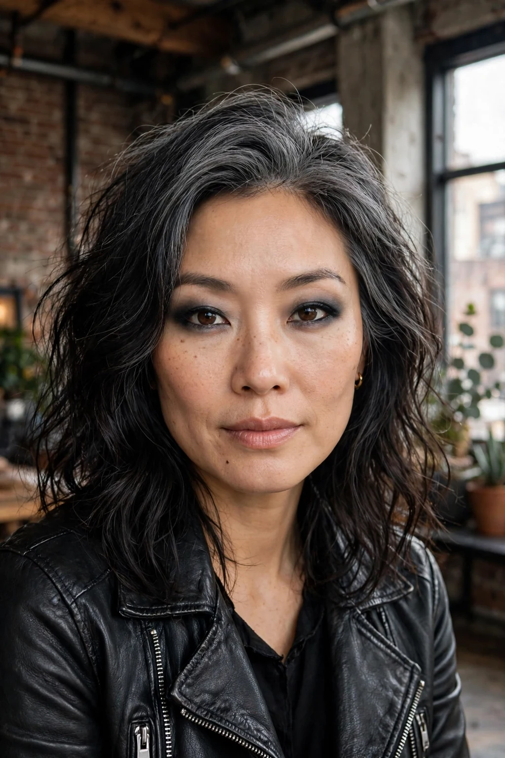 Beautiful woman with dark hair and smoky gray melt, smoky gray root melt, moody light.