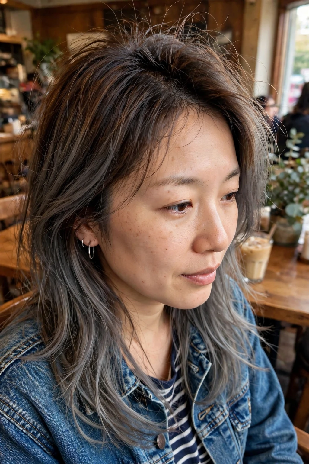 Young woman with smoky gray ombré layers in a coffee shop wearing a denim jacket.
