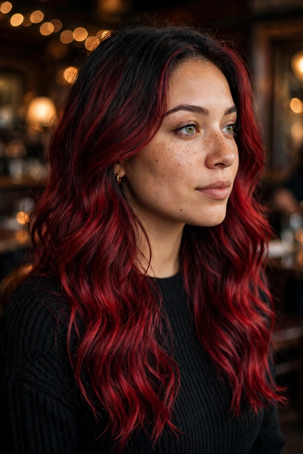 Young Canadian woman in her late 20s with smoky velvet root melt hair, wearing a black knit dress, in a Montreal jazz club.