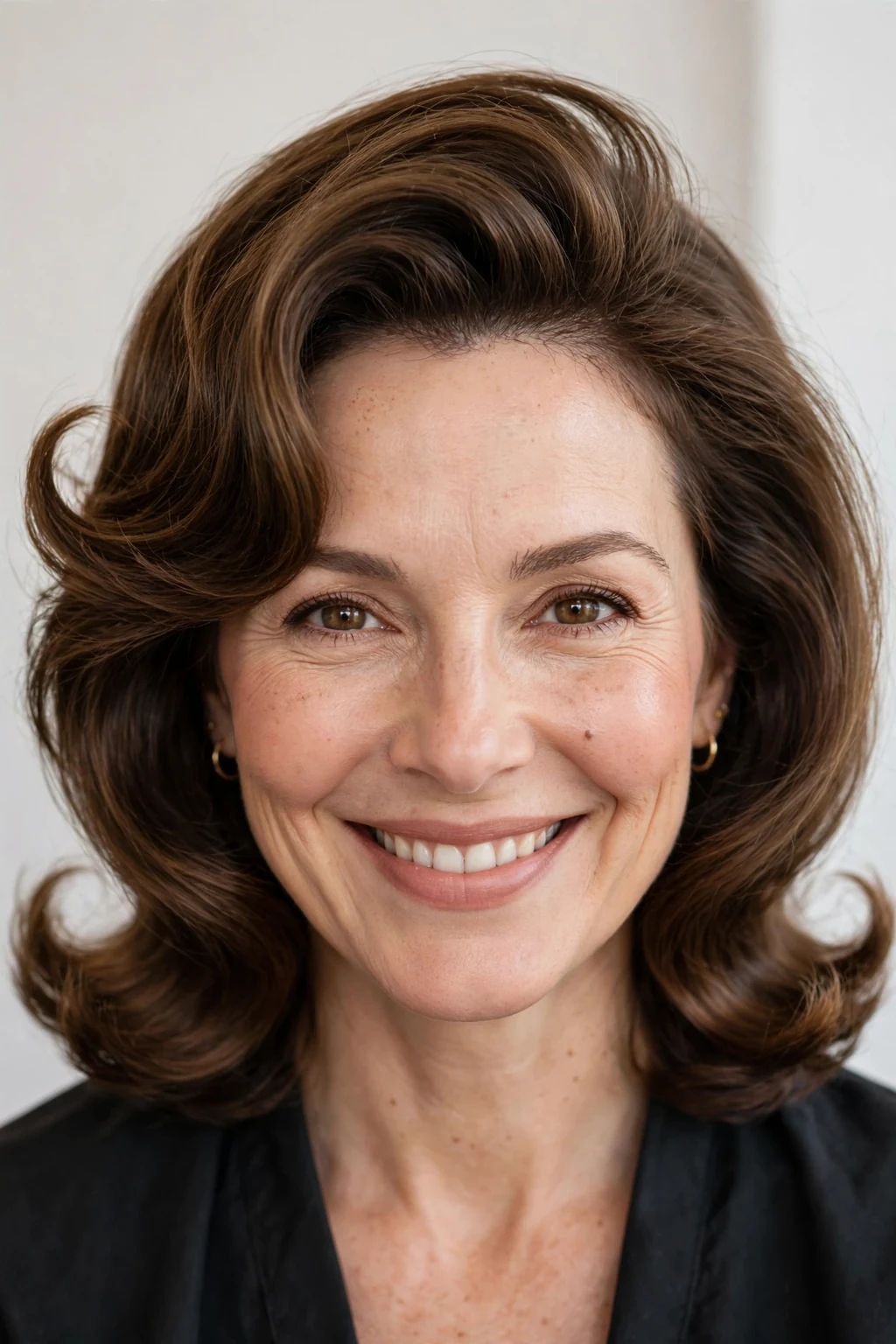 Woman over 40 with smooth blowout and flipped ends, bouncy retro finish, playful light.