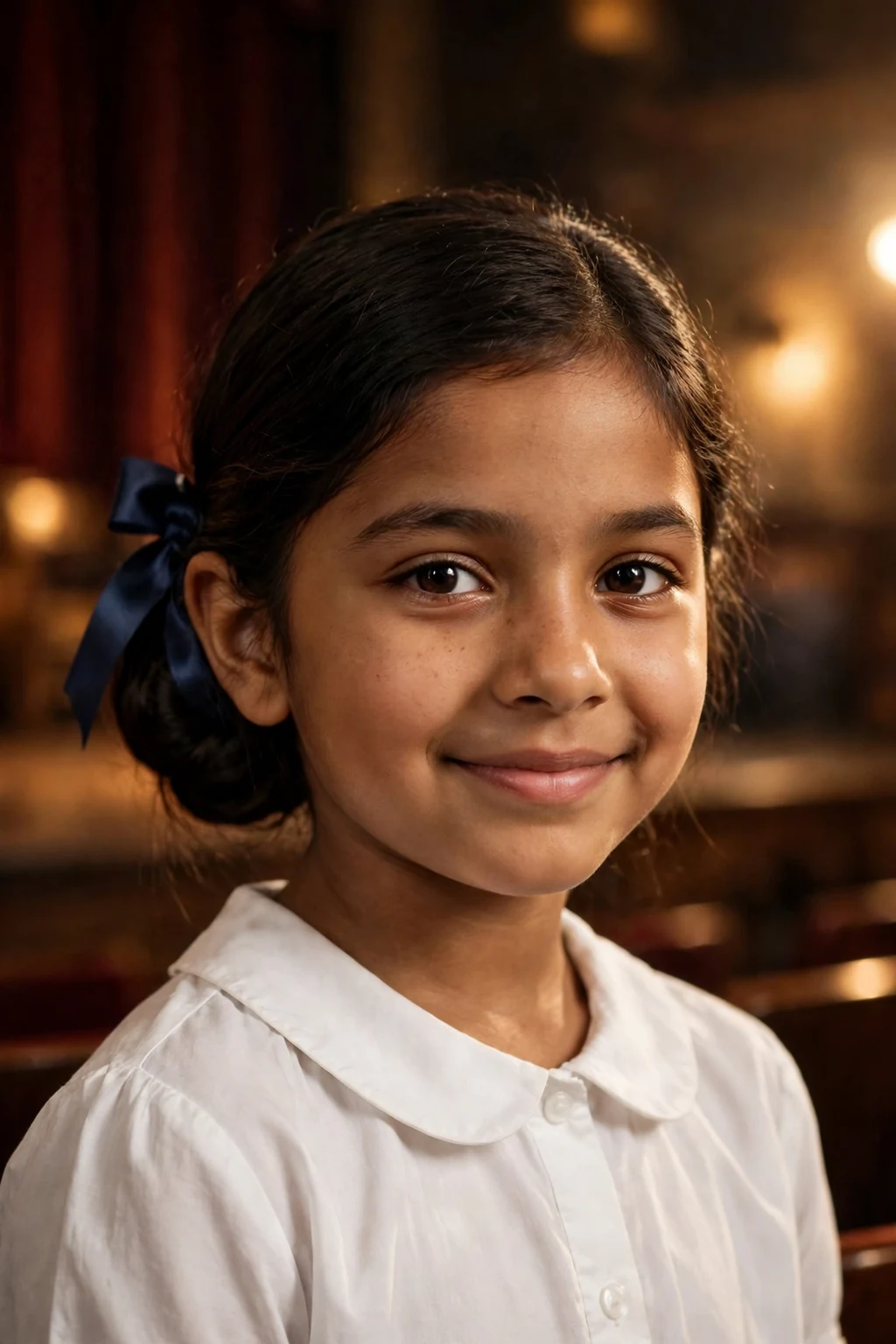 A young girl with a smooth low bun and a satin ribbon smiling for her school picture.