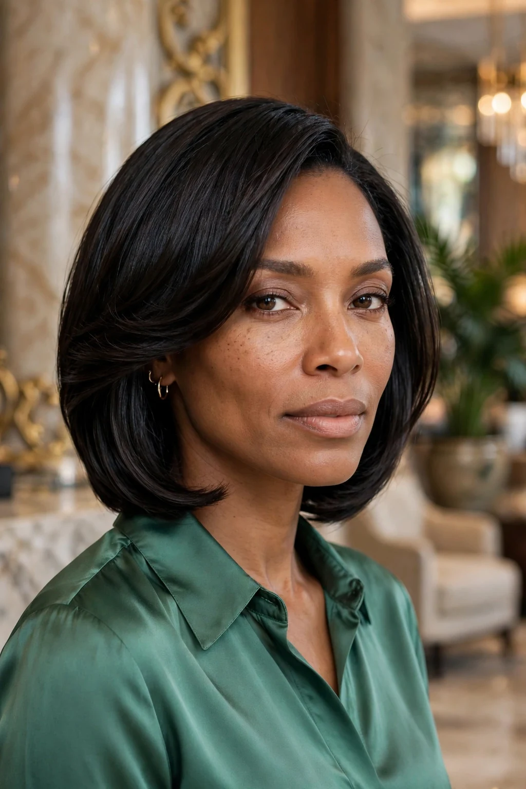 Beautiful woman with smooth polished layers, sleek polished layers, refined light.