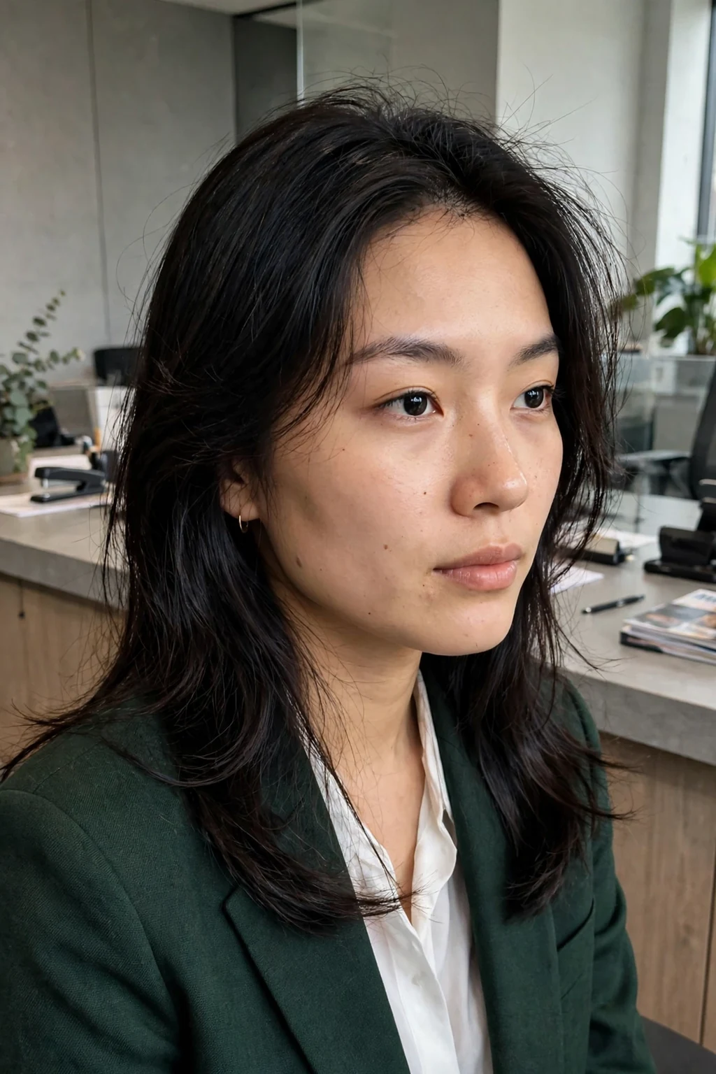 Young professional woman with a smooth salon blowout hairstyle, wearing professional attire in an office setting.