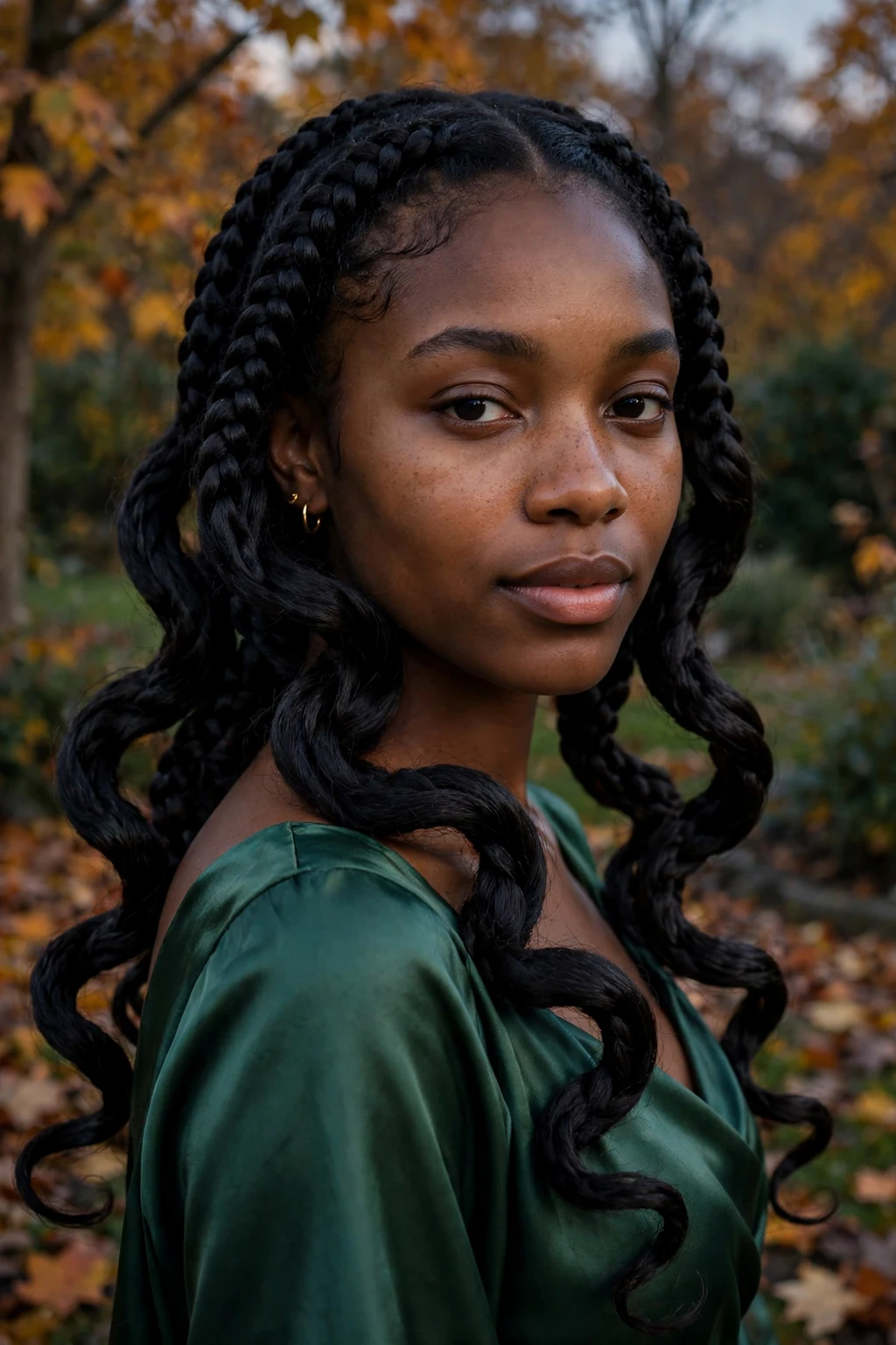 Young woman with sleek snake braids winding down her back in a serpentine S-shape.