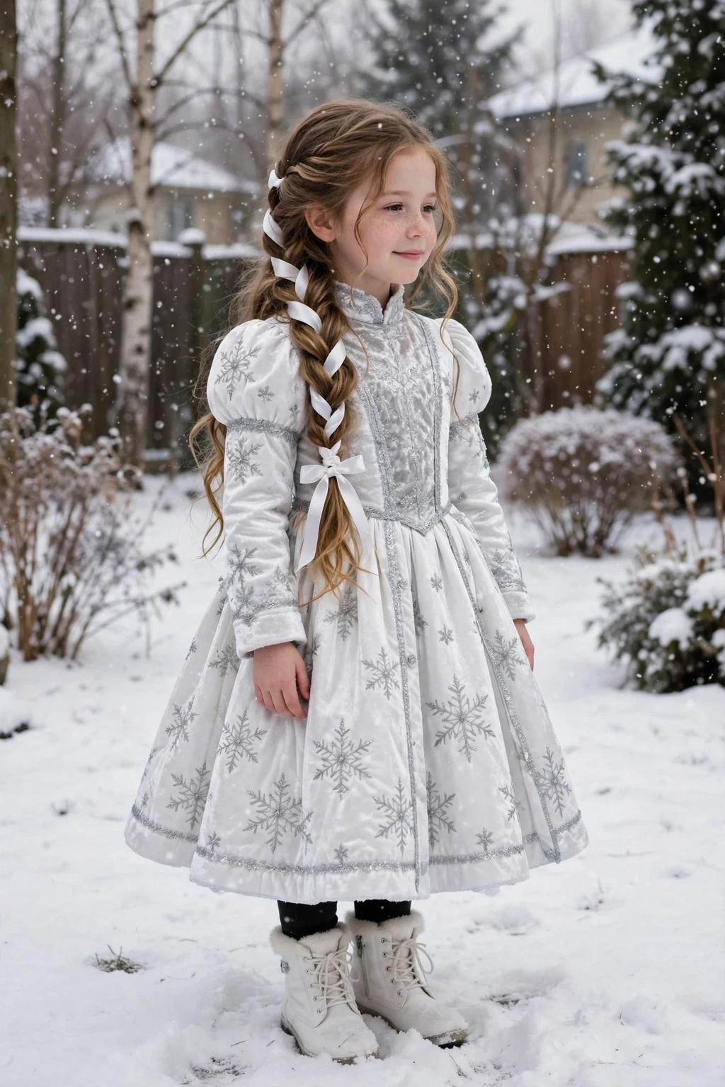 A young girl with a snow angel loose braid with white ribbon and soft face-framing pieces.