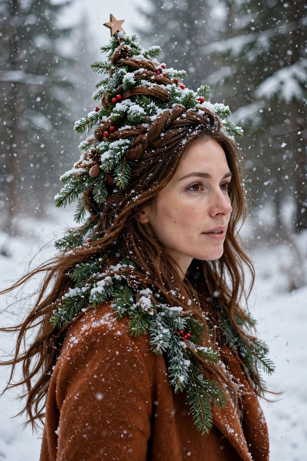 Young woman with snow-dusted evergreen waves hairstyle, festive holiday look.