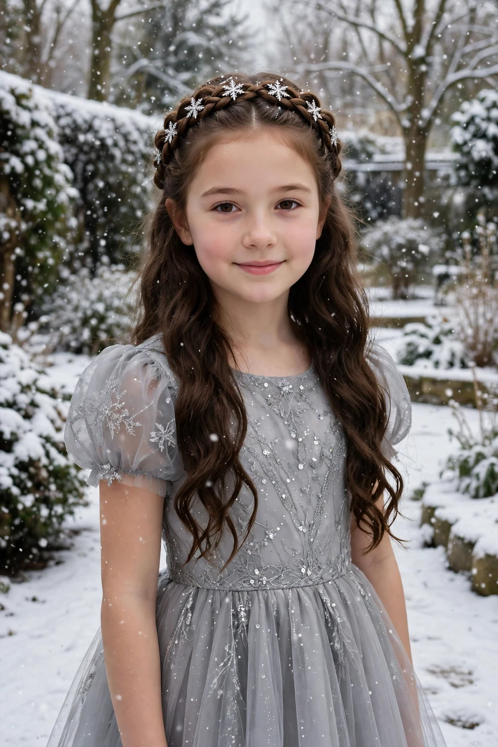 A young girl wearing a snowflake braided crown with silver clips and soft loose waves.