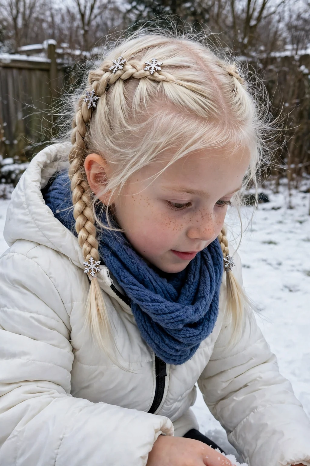 A young girl with two Dutch braids and snowflake clips in a snowy backyard.