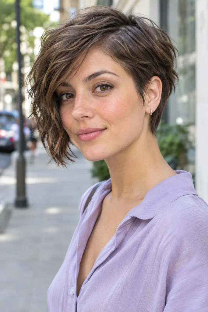 Feminine Pixie Haircuts with softly asymmetrical sides and a longer face-framing section