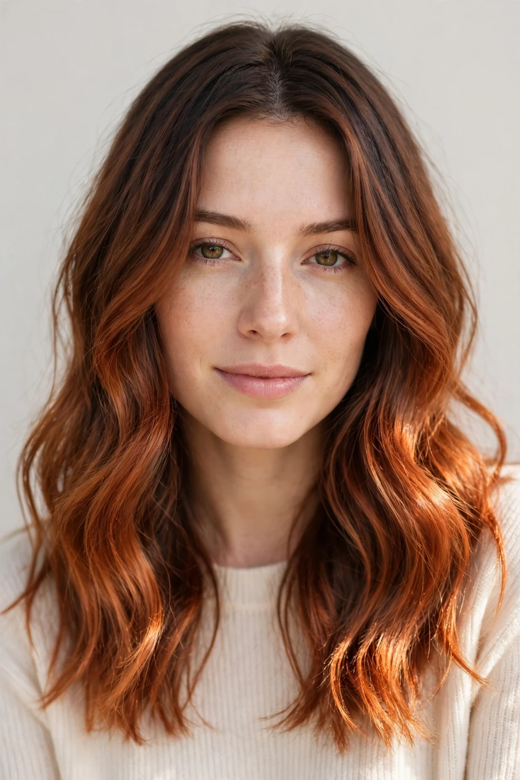 Woman with soft auburn ombre, gradient from brown to auburn ends, gentle light.