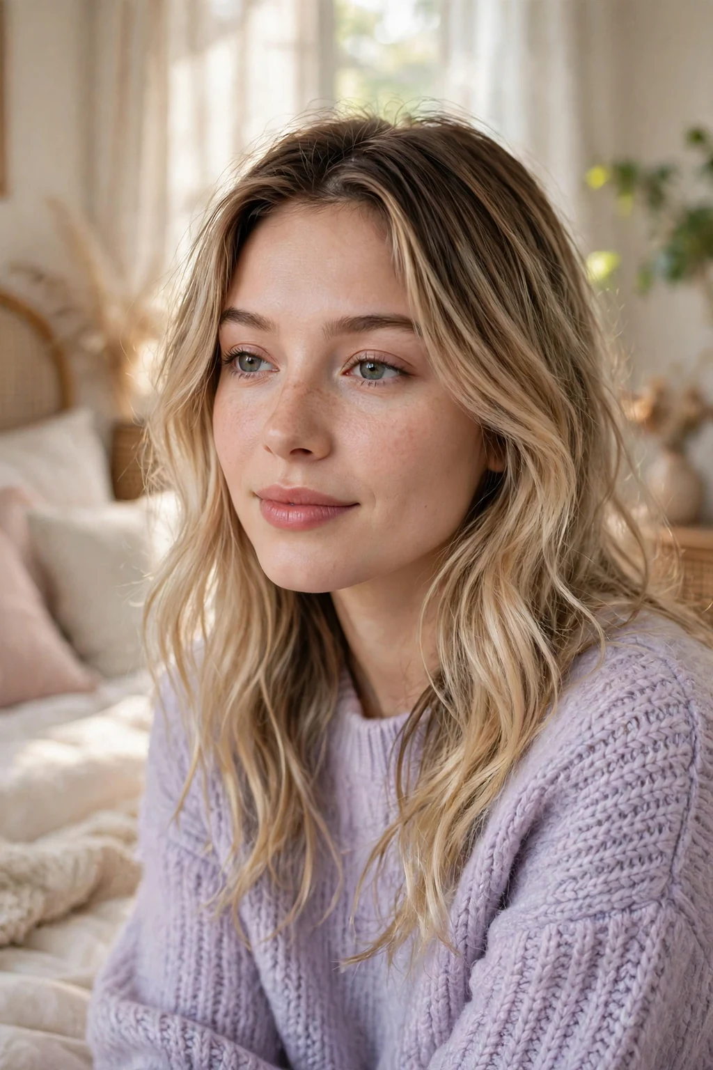 Beautiful woman with soft blonde ombre, gentle ombre grow-out, gentle light.