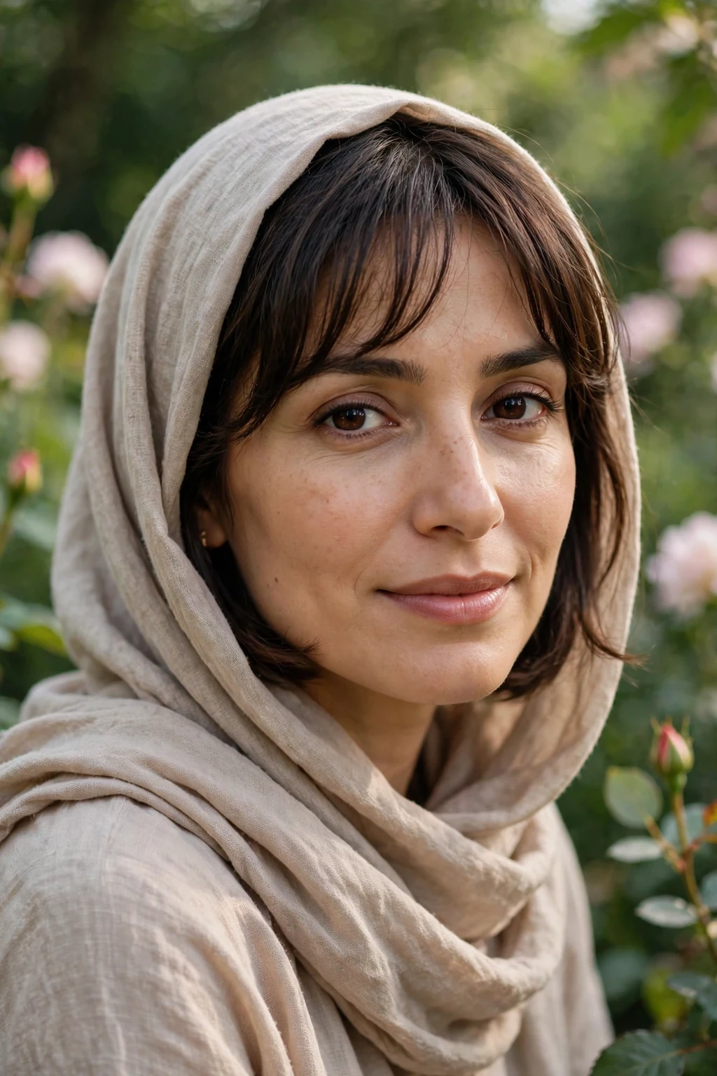 Beautiful woman with soft bob bangs, gentle soft bob bangs, tender light.