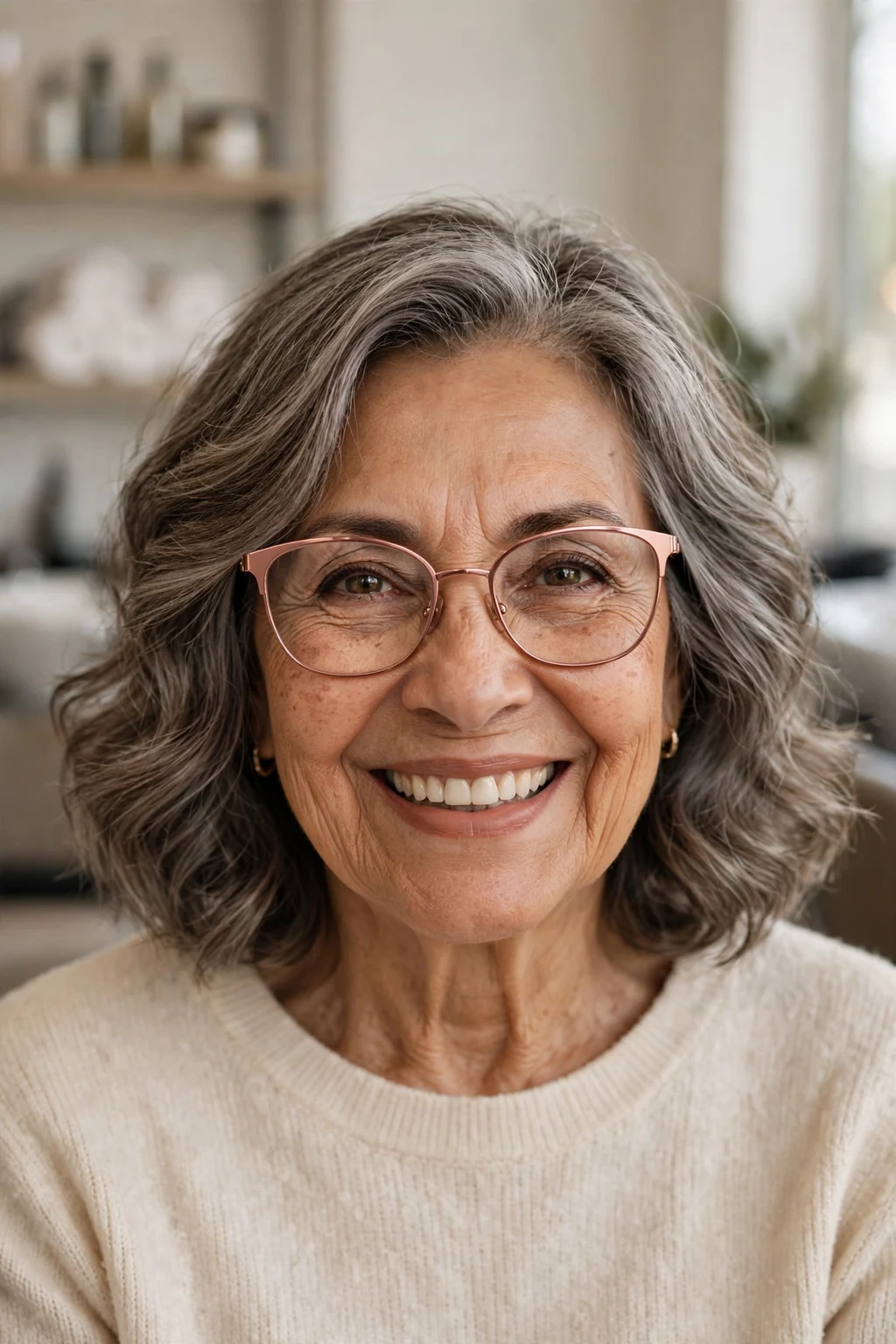 Elegant woman over 50 with fine hair and glasses and soft bob waves, gentle flowing waves, flattering light.