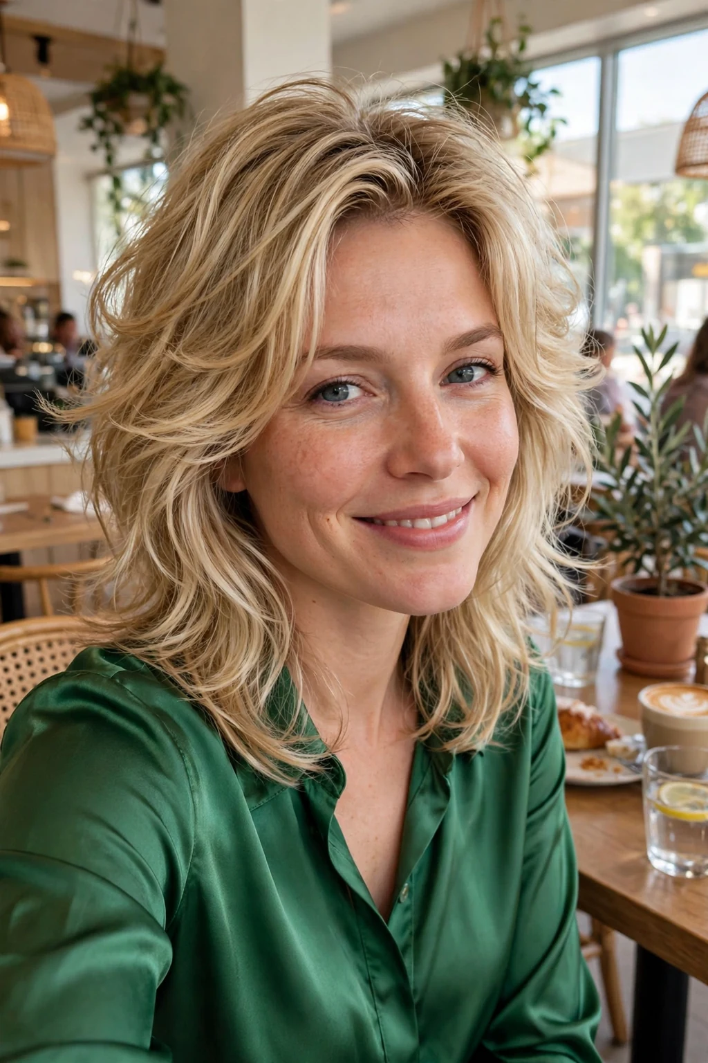 Young woman with a soft butterfly cut and voluminous layers, in a bright cafe wearing a green satin blouse.