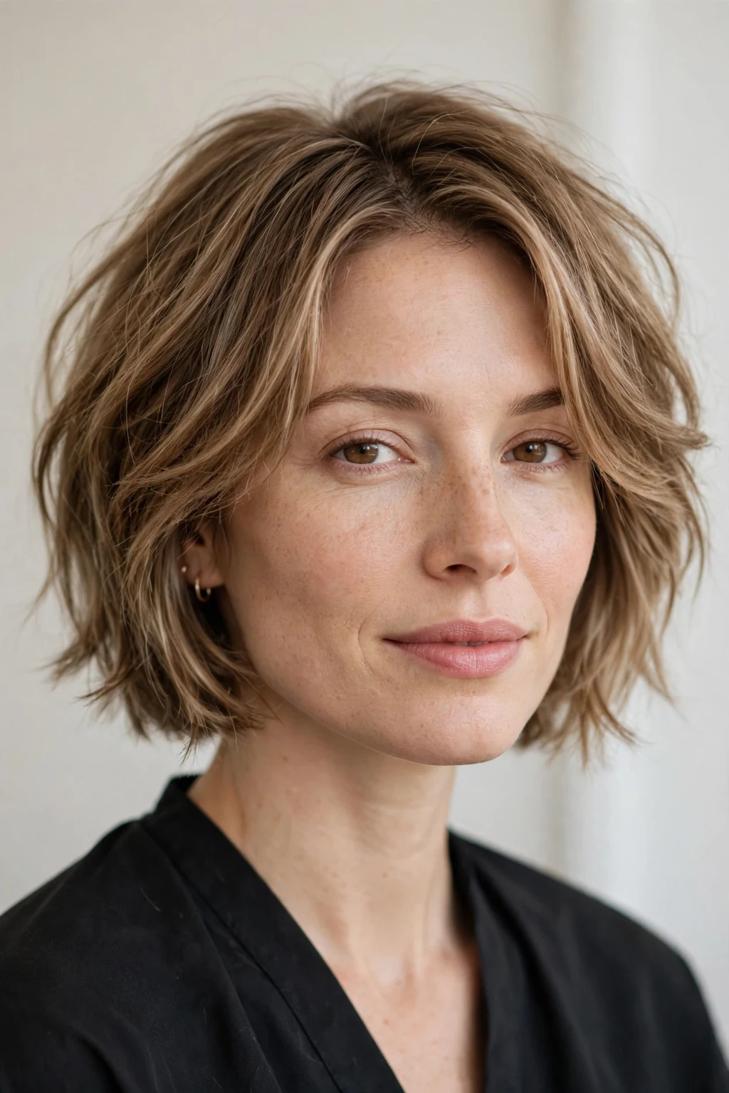 Woman with soft choppy bob, gentle piece-y texture with a feminine finish, delicate light.