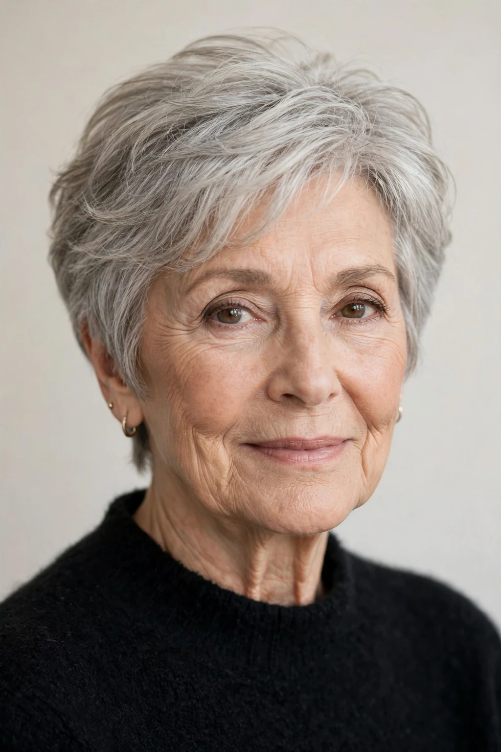 Elegant woman over 70 with soft cropped layers, gentle airy texture, flattering light.