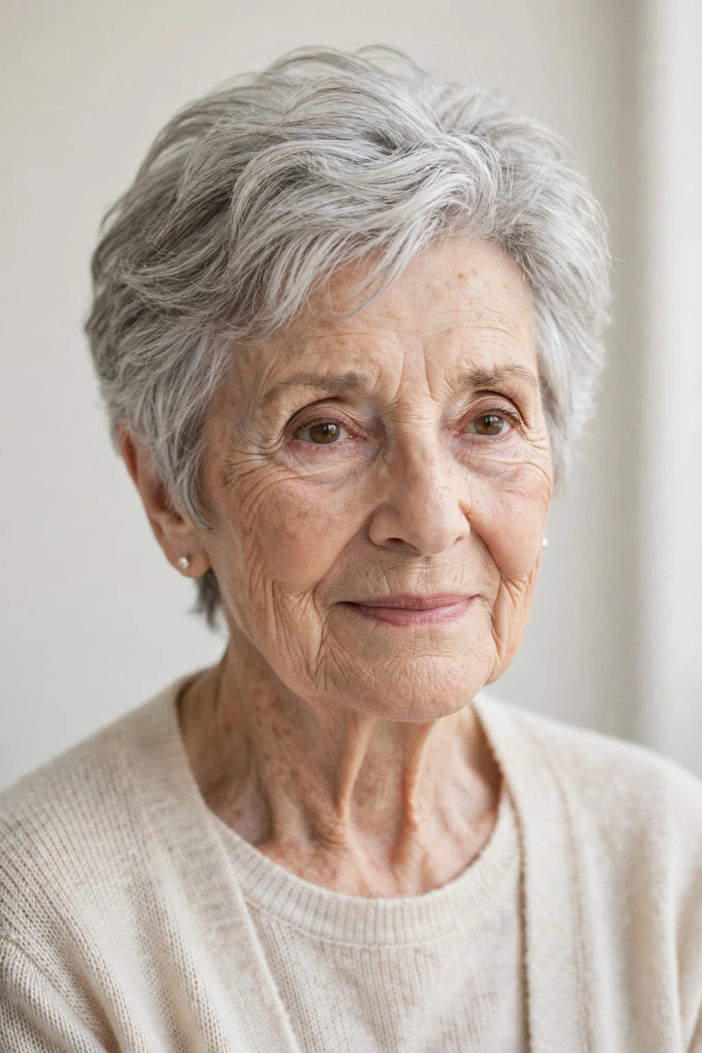 Elegant woman over 80 with soft cropped layers, gentle airy texture, flattering light.