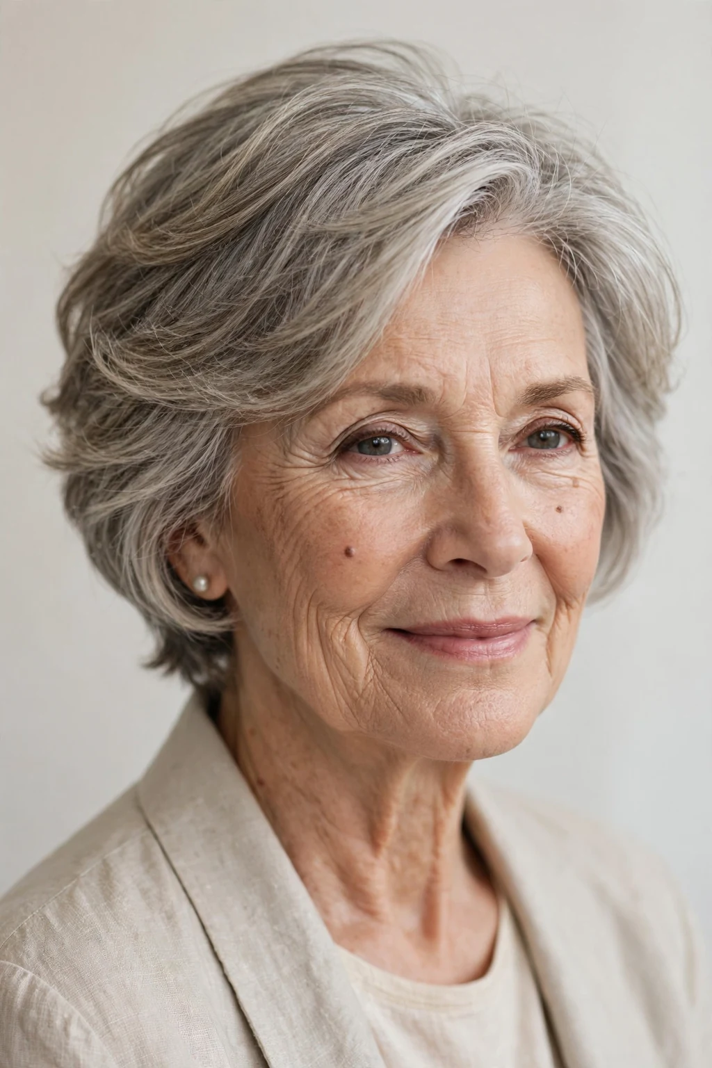 Elegant older woman over 60 with soft cropped layers, gentle airy texture, flattering light.