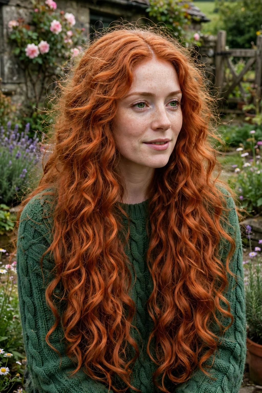 A young Irish woman in her late 20s with very long copper-red curly hair with a centre part, wearing a forest green knit sweater in a cottage garden.